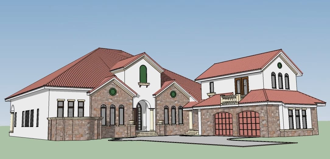 House plan exterior: Two-story Mediterranean style with red tile roof, arched entry, stone facade, and three-car garage.
