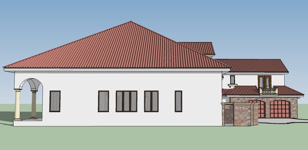 House plan exterior showing a stucco finish, red tile roof, arched colonnade porch, and a stone-clad garage with arched doors.