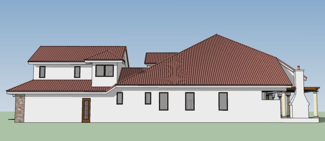 House plan exterior showing a two-story structure with tile roof, stone accent, multiple windows, and a covered patio with columns.