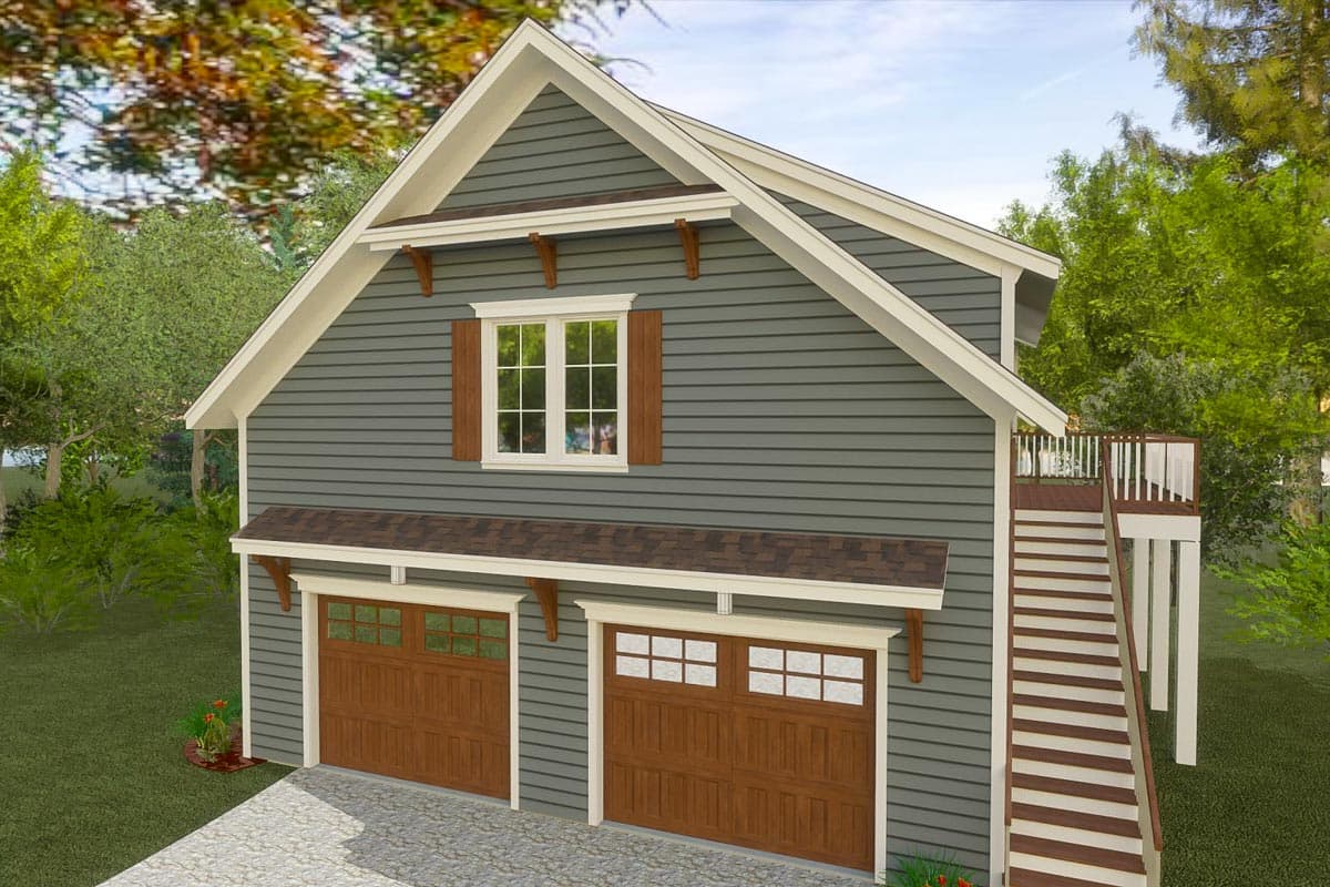 House plan exterior. Two-story structure with gable roof. Includes two garage bays with decorative trim and shutters on second floor window.