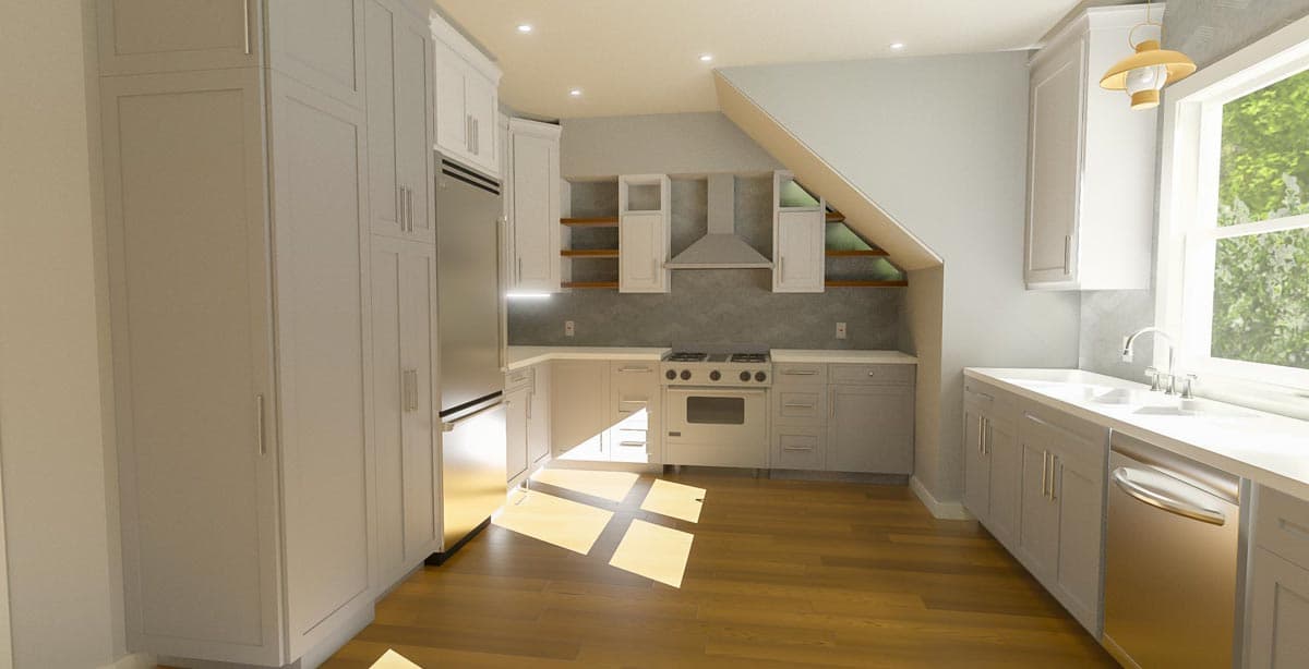 Kitchen rendering with white cabinets, stainless steel refrigerator, gas range, and a large window.