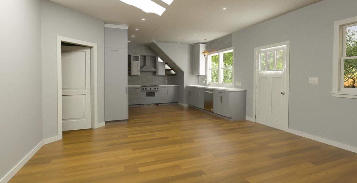 Interior rendering of a kitchen with gray cabinets, stainless steel appliances, a gas range, and a sink. Includes a skylight and a paneled door.