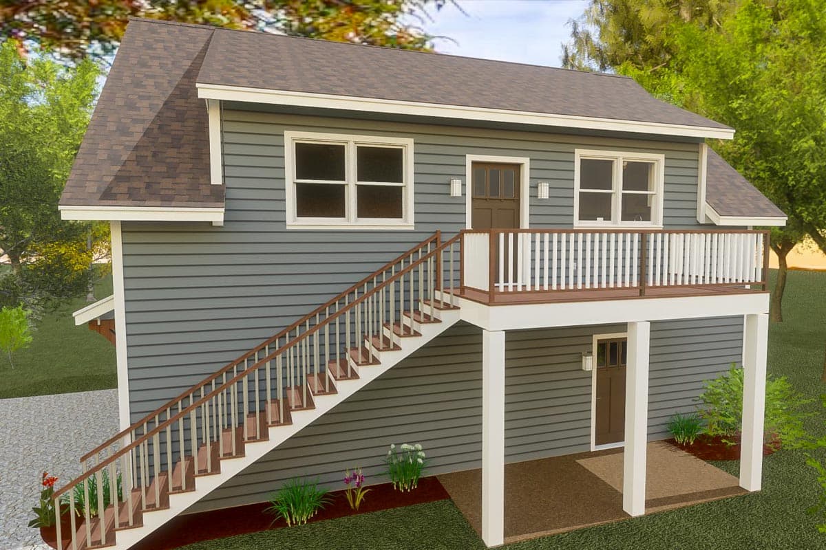 House plan exterior: Two-story home with gray siding, a prominent gable roof, and a main-level deck accessed by stairs.