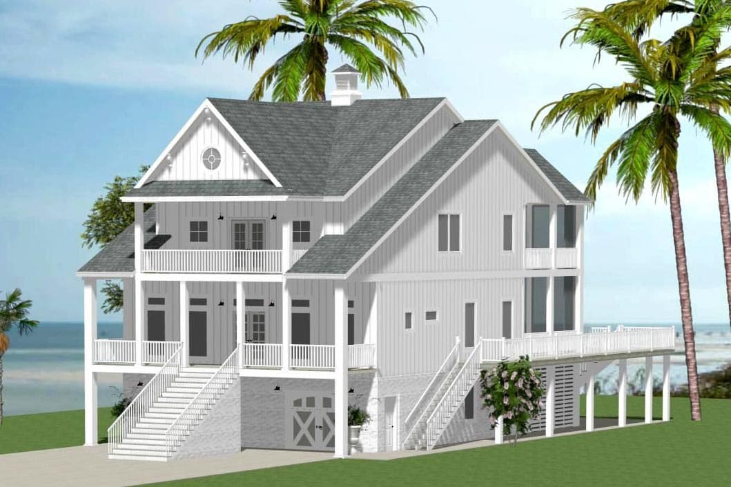 House plan exterior: Two-story Coastal style home with wrap-around porch, multiple gables, and a raised foundation with garage.