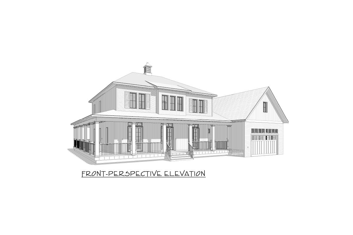 Front-perspective elevation drawing of a two-story house plan with a wraparound porch and attached garage.