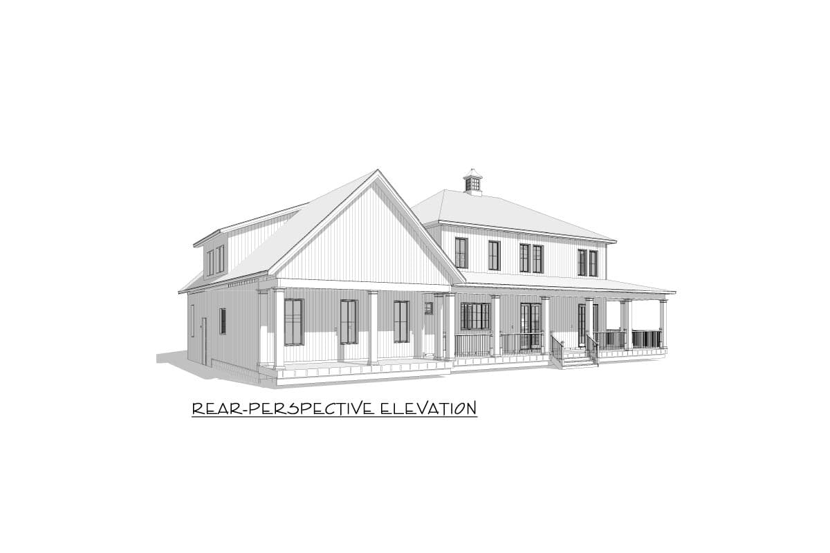 Rear elevation drawing of a two-story house with a wraparound porch, gables, and dormer windows.