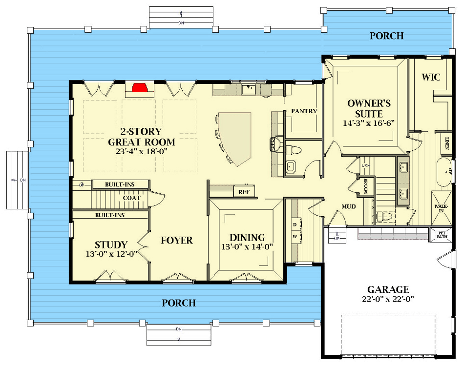 Plan 46452LA: Classic Farmhouse with Wraparound Porch and Optional Bonus Room - Floor Plan - Main Level - Country, Farmhouse, Traditional