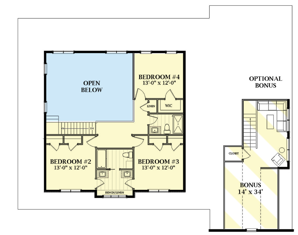 Plan 46452LA: Classic Farmhouse with Wraparound Porch and Optional Bonus Room - Floor Plan - 2nd Floor - Country, Farmhouse, Traditional