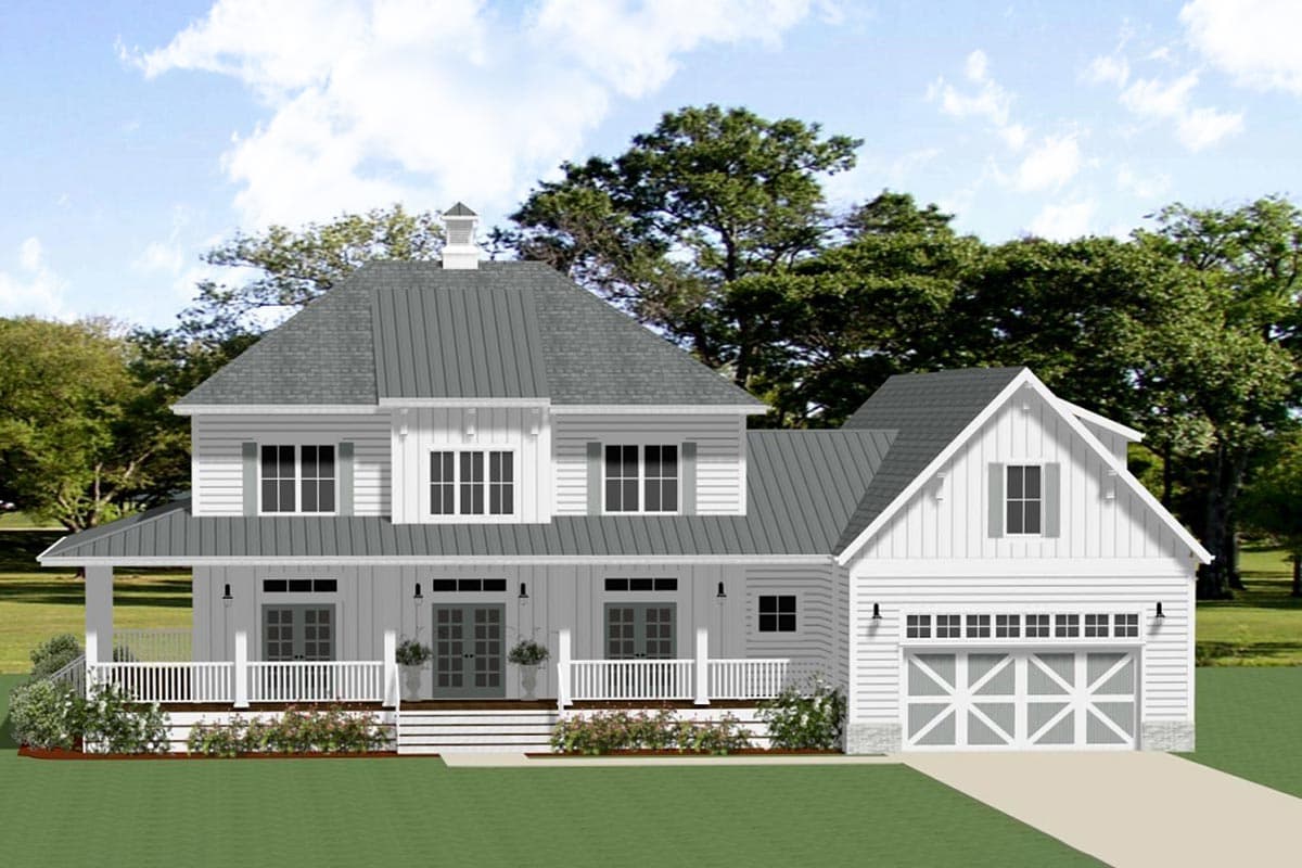 House plan exterior. Two-story Modern Farmhouse with a front porch, gables, and attached garage. Features a metal roof and board-and-batten siding.