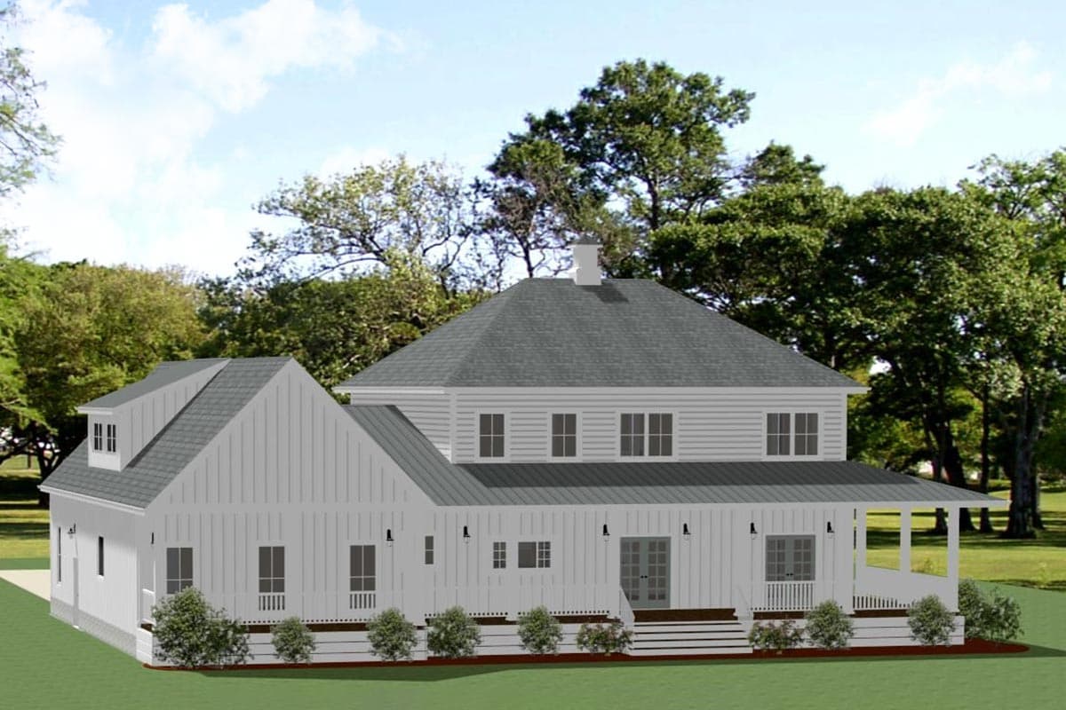 House plan exterior: Two-story Modern Farmhouse with a wrap-around porch, dormer, and gable rooflines.