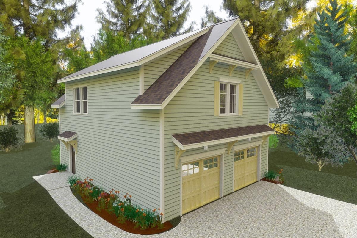 House plan exterior: Two-story structure with a gable roof, double garage doors, and decorative brackets.