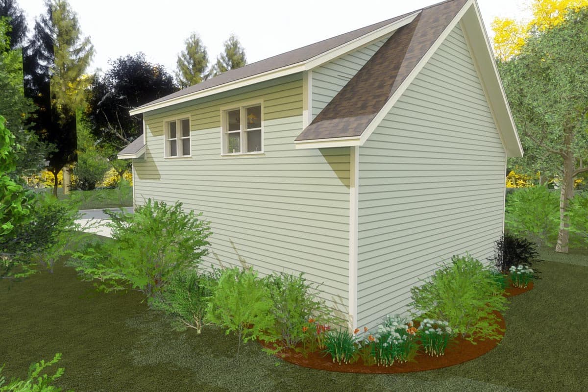 House plan exterior showing a two-story structure with horizontal siding, gable roof, and double-hung windows.