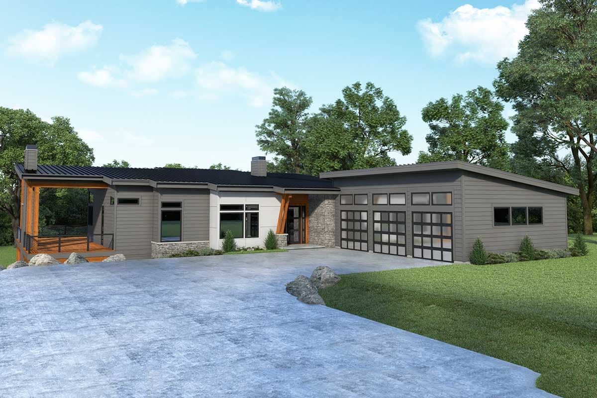 Plan 280151JWD: Modern Ranch for Sloped Lot with Wraparound Deck - 3986 Sq Ft - Image #46 - Contemporary, Mid Century Modern, Modern, Northwest, Ranch