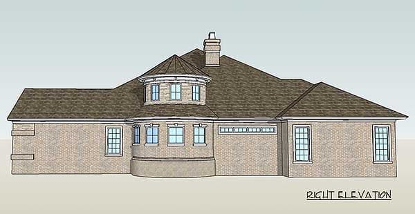 Right elevation house plan showing brick exterior with multi-story circular bay and prominent chimney.