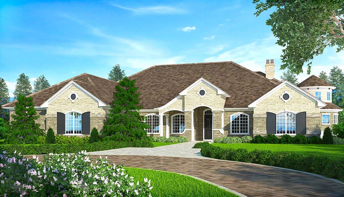 House plan exterior rendering: One-story home with stone facade, arched entry, multiple gables, and prominent rooflines.