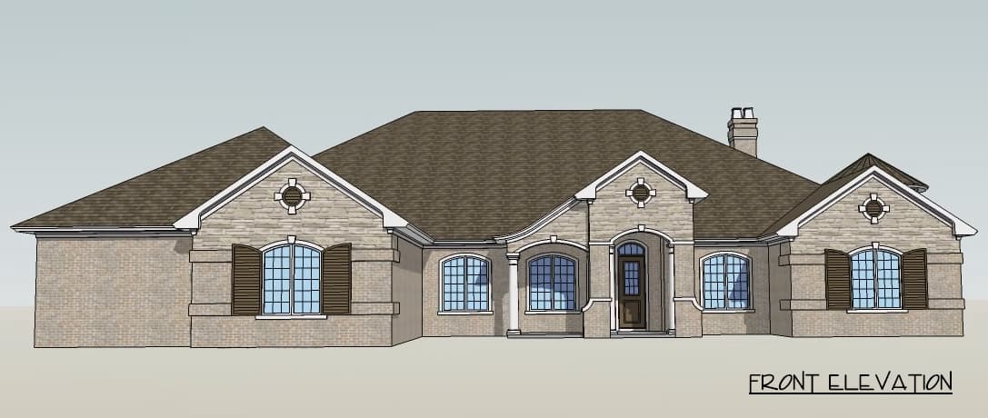 Front elevation drawing of a one-story house with stone accents, arched windows, and a covered entry.