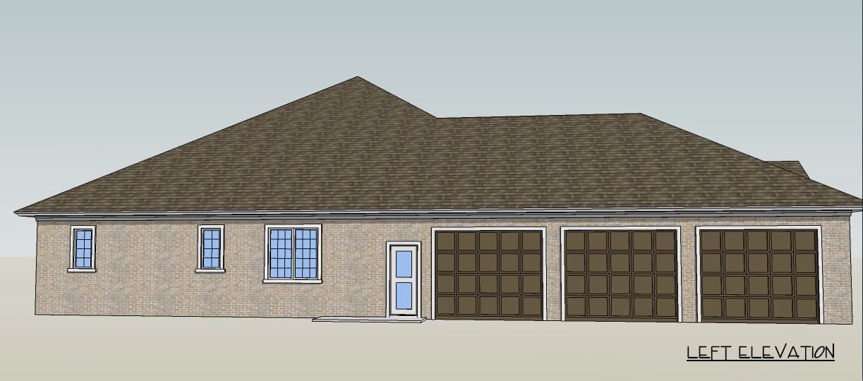 Left elevation house plan exterior with brick siding, three garage doors, a side door, and multiple windows.