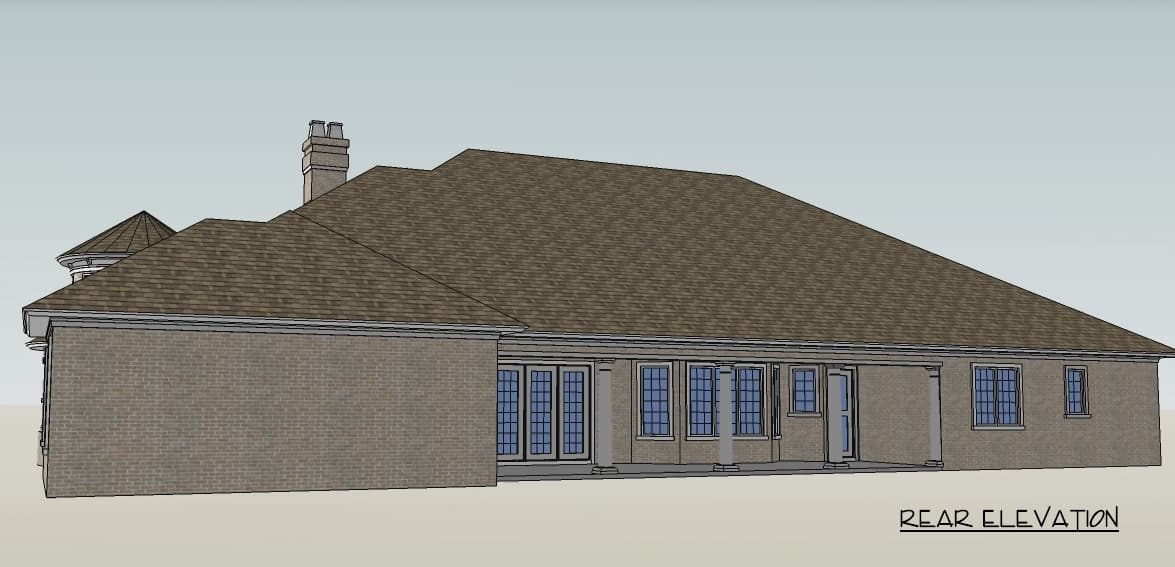 Rear elevation of a brick house plan featuring a pitched roof, chimney, turret, double doors, and multiple windows.