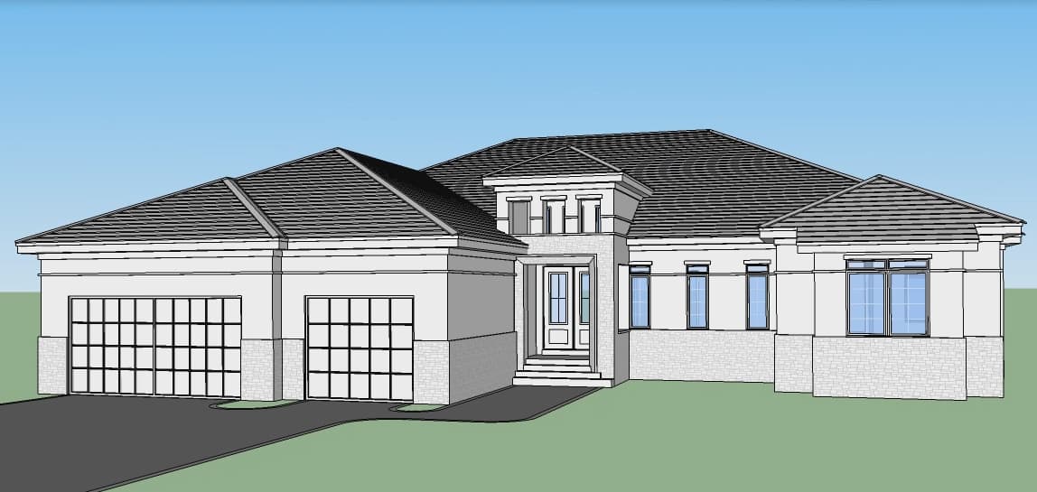 House plan exterior: one-story modern home with a three-car garage, covered entry with stone accents, and multiple gables.