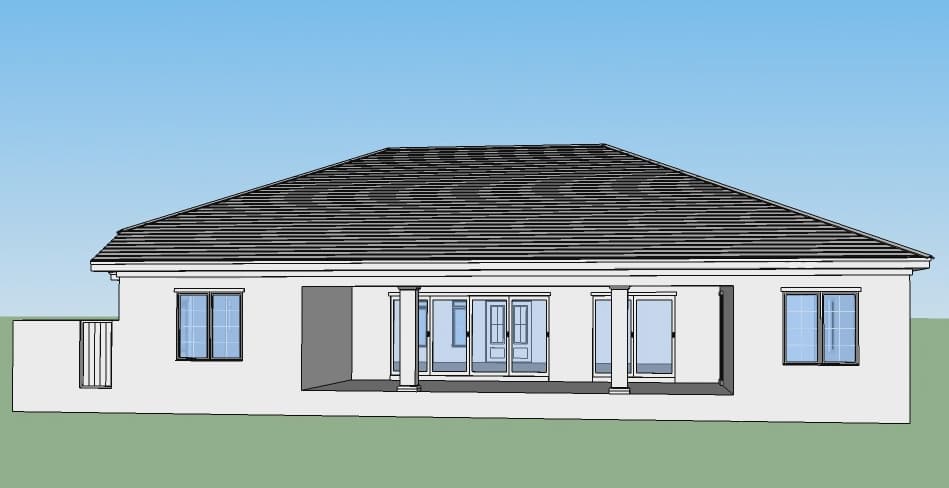 House plan exterior: One-story with a hip roof, covered patio with columns, and multiple glass doors and windows.