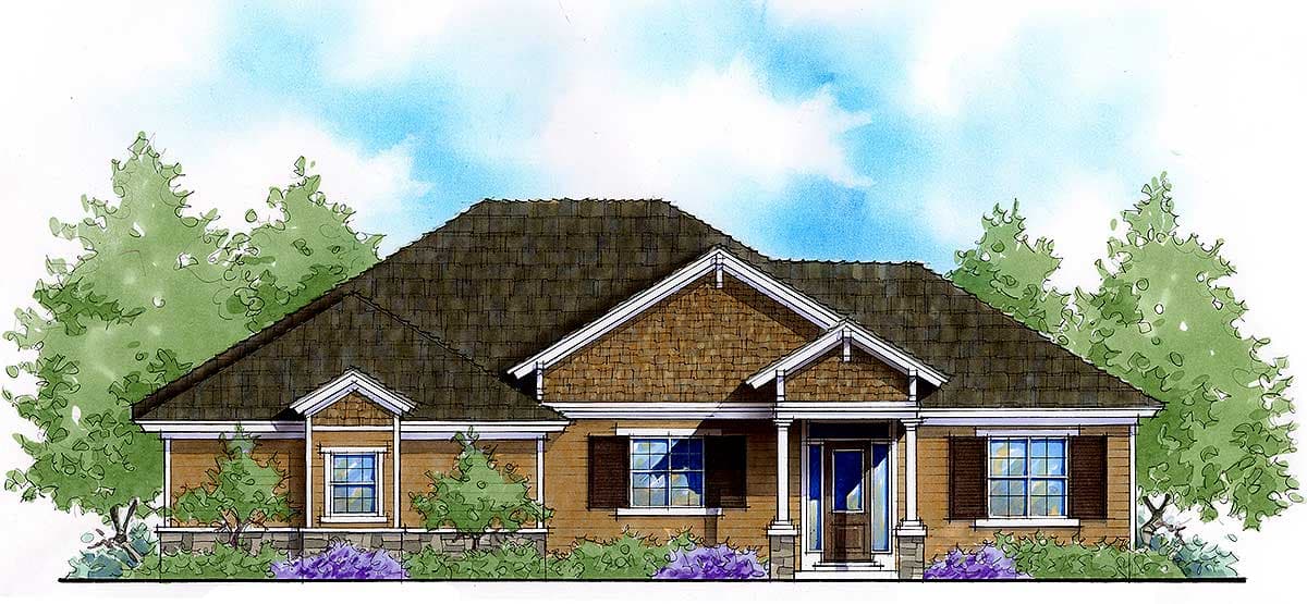 House plan exterior, one story, with a prominent gable, covered entry with columns, and shingle siding.