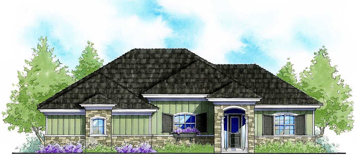 House plan exterior: Single-story home with a hip roof, stone and siding exterior, arched entryway, and multiple gabled dormers.