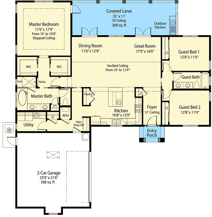 Plan 33149ZRX: Split Bedroom House Plan with Flex Room - 2044 Sq Ft - Floor Plan - Main Level - Ranch, Southern