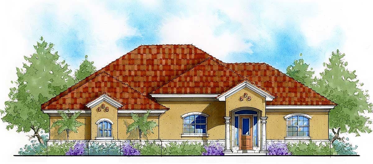 House plan exterior: One-story Mediterranean style with tile roof, arched windows, and covered entry with columns.
