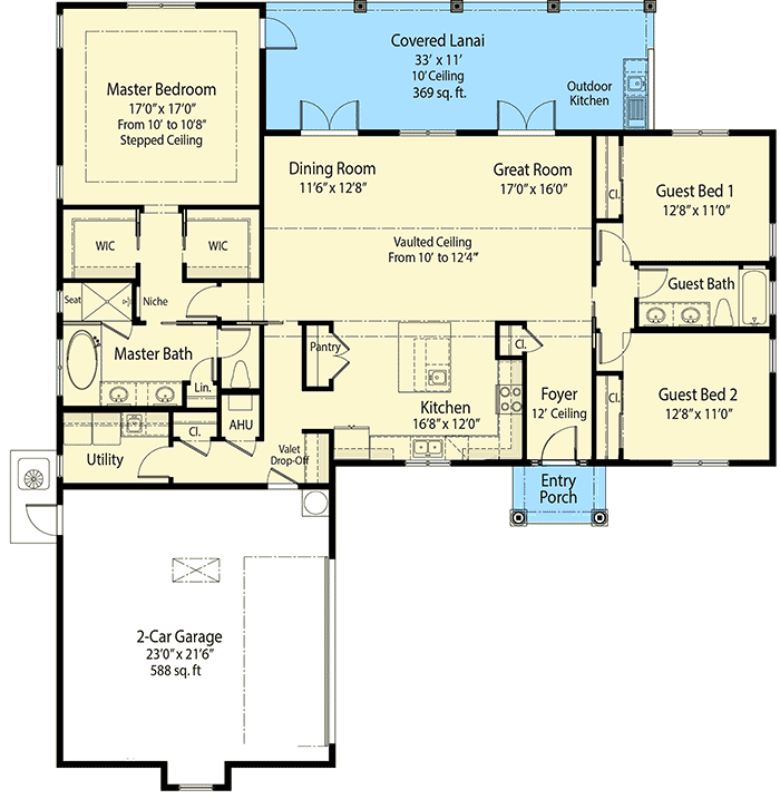 Plan 33150ZRX: Mediterranean Ranch Home Plan 2200 Square Feet - Floor Plan - Main Level - European, Florida-Style, Mediterranean