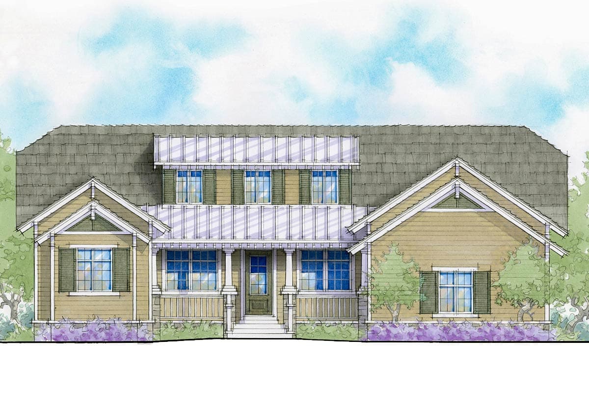 House plan exterior: Two-story home with a covered front porch, multiple gables, and a dormer.