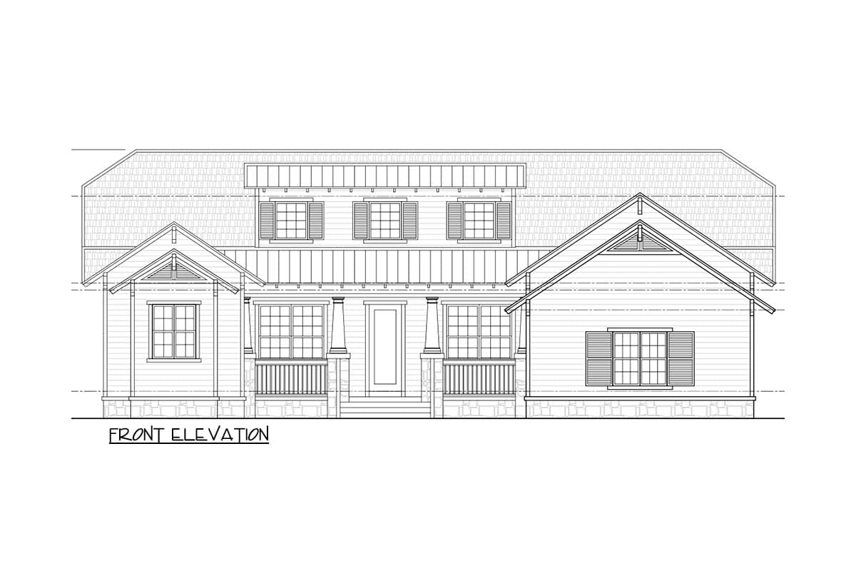 Front elevation house plan with a prominent gabled dormer, two covered porches with square columns, and varied rooflines.