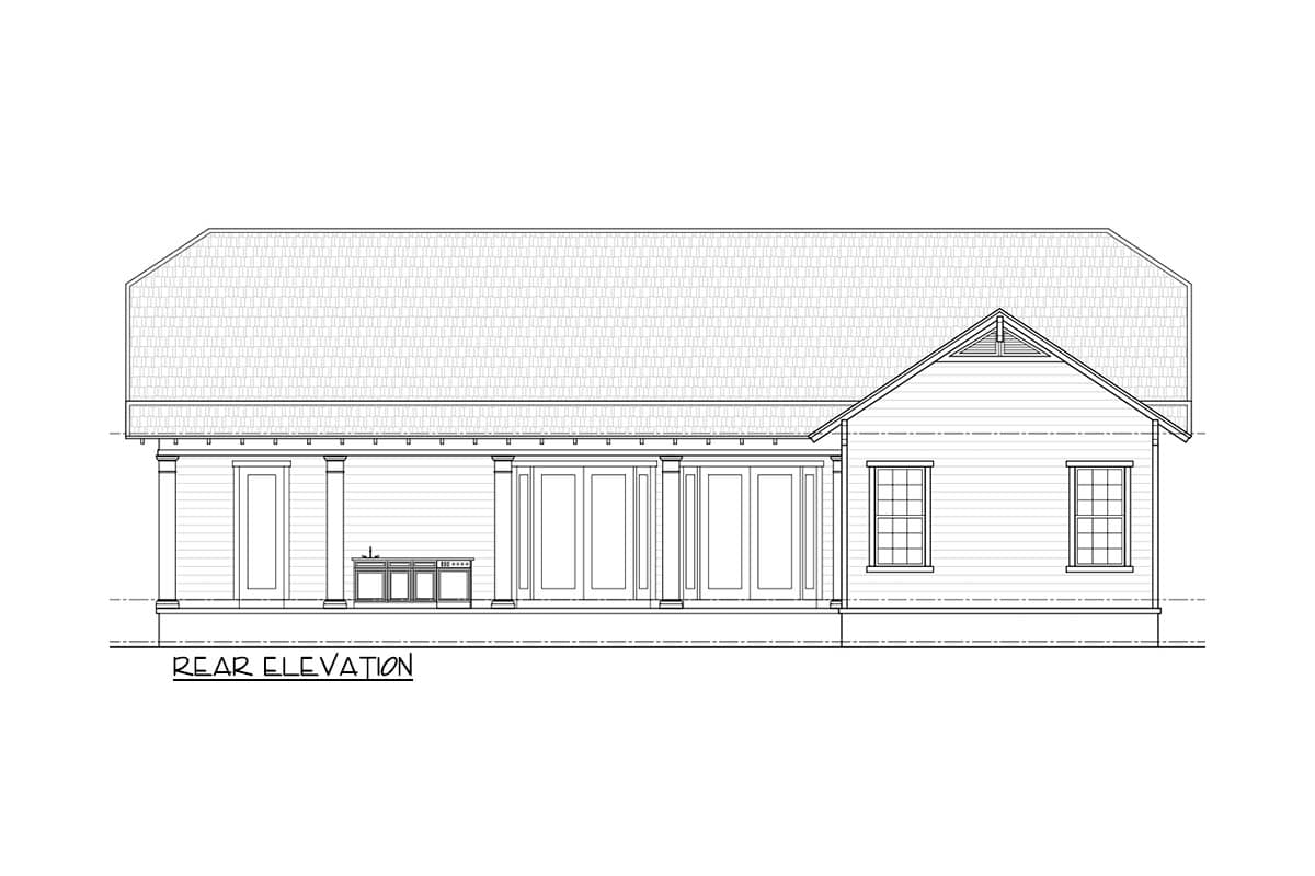 Rear elevation drawing of a one-story house plan with a covered porch, double doors, and multiple windows.
