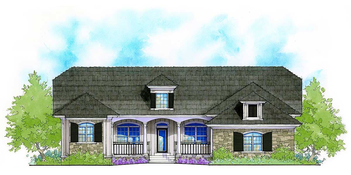 House plan exterior: One-story home with a central covered porch, dormer window, arched windows, and stone siding.