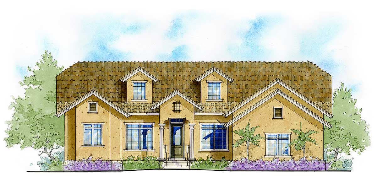 House plan exterior: Single-story home with hip roof, prominent central gable entrance with columns, and three dormer windows.