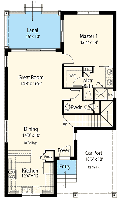 Plan 33158ZRX: 2-Story House Plan with 2 Master Suites - 1838 Sq Ft - Floor Plan - Main Level - Florida-Style, Traditional
