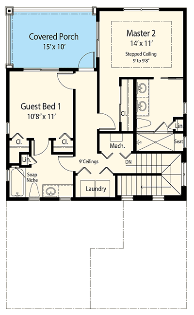 Plan 33158ZRX: 2-Story House Plan with 2 Master Suites - 1838 Sq Ft - Floor Plan - 2nd Floor - Florida-Style, Traditional