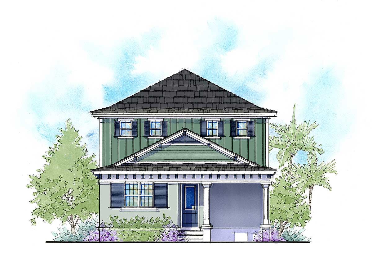 Two-story house plan exterior with a covered front porch, multiple gables, and numerous double-hung windows with shutters.