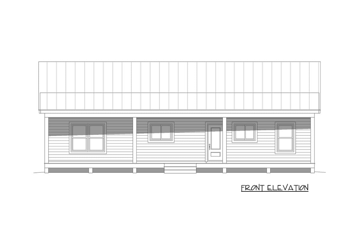 Front elevation drawing of a single-story house plan with a covered porch, siding, and a standing seam metal roof.