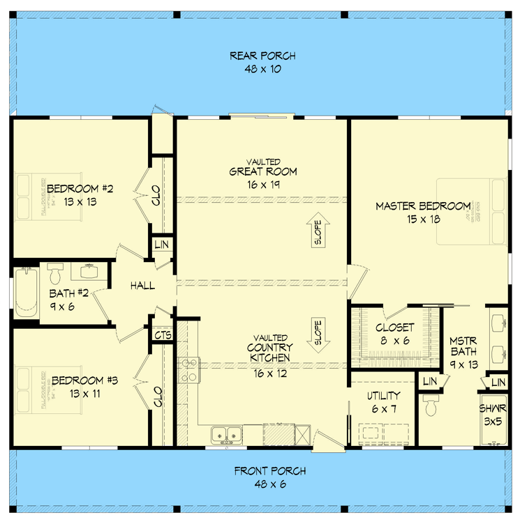 Plan 68862VR: Country Ranch with Front and Back Porches and a Split Bedroom Layout - Floor Plan - Main Level - Cabin, Country, Ranch, Traditional