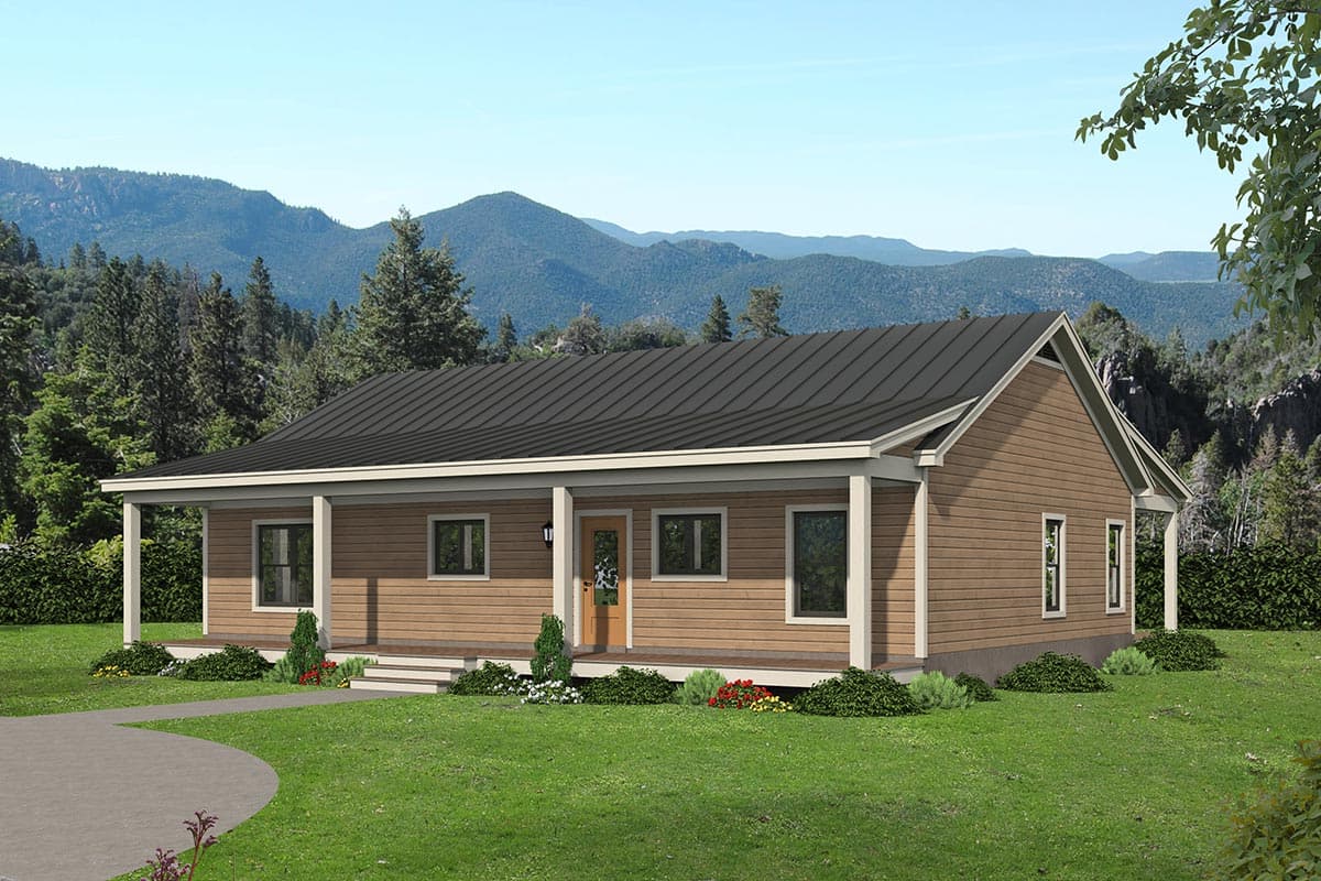 House plan exterior. Ranch style with a gabled roof and covered porch. Features include a front porch and horizontal siding.