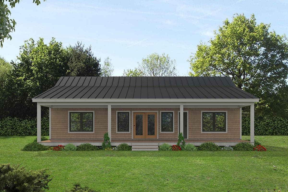 House plan exterior of a single-story home with a wraparound porch, dark metal roof, and double front doors.