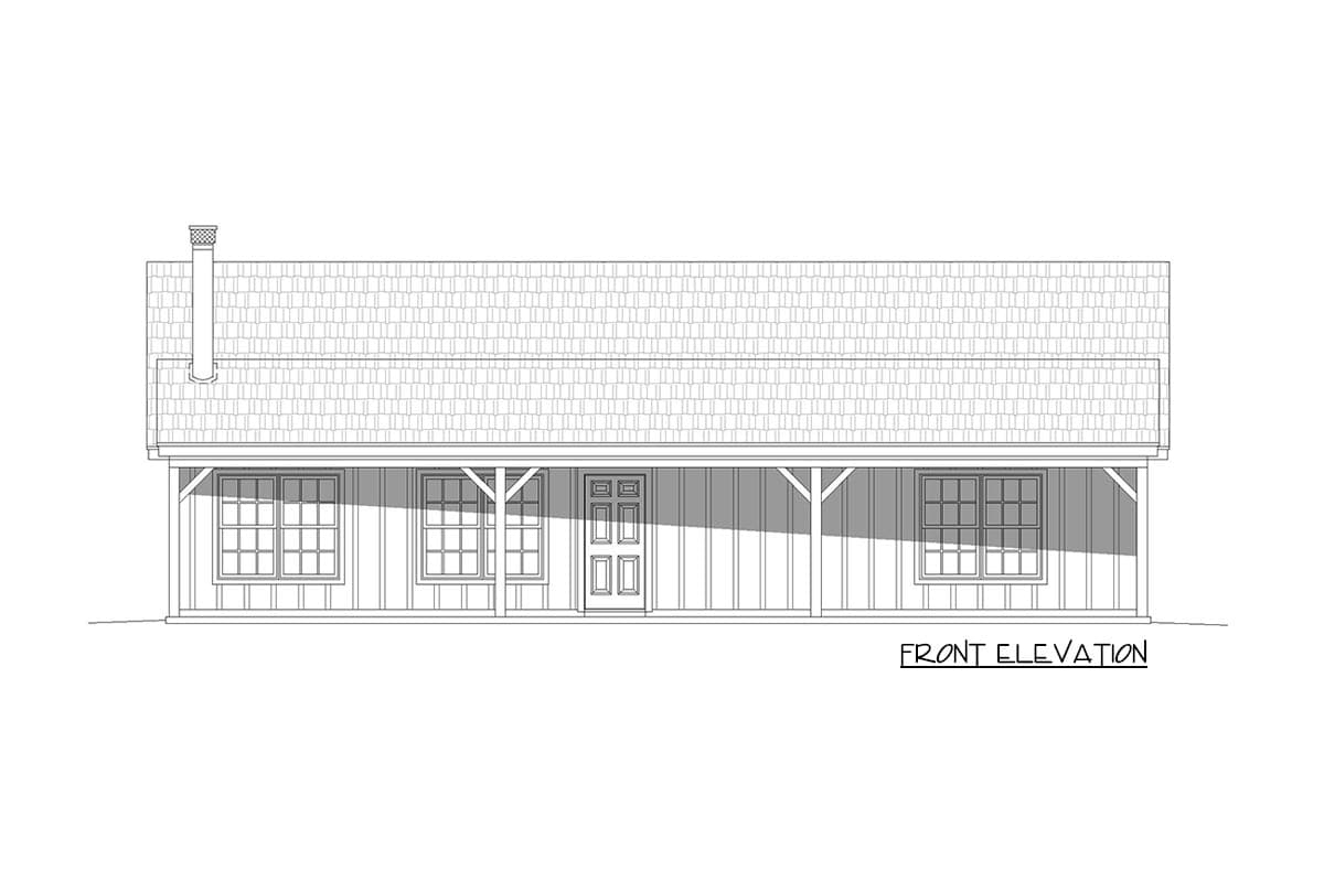 Front elevation of a house plan with a covered porch, double front door, chimney, and multiple double-hung windows.