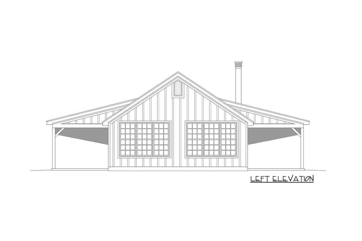 Left elevation drawing of a house plan featuring a gable roof, board and batten siding, a chimney, and covered porch areas.