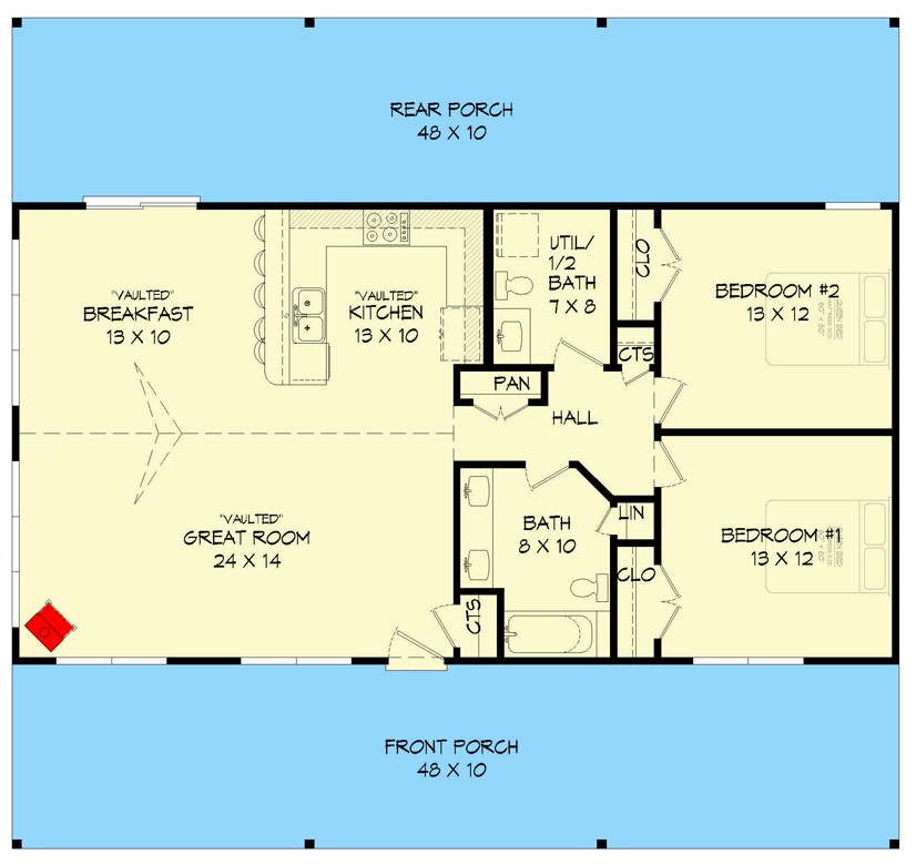 Plan 68863VR: One-story Country Home Plan with Front and Rear 10'-deep Porches - Floor Plan - Main Level - Country, Farmhouse, Ranch