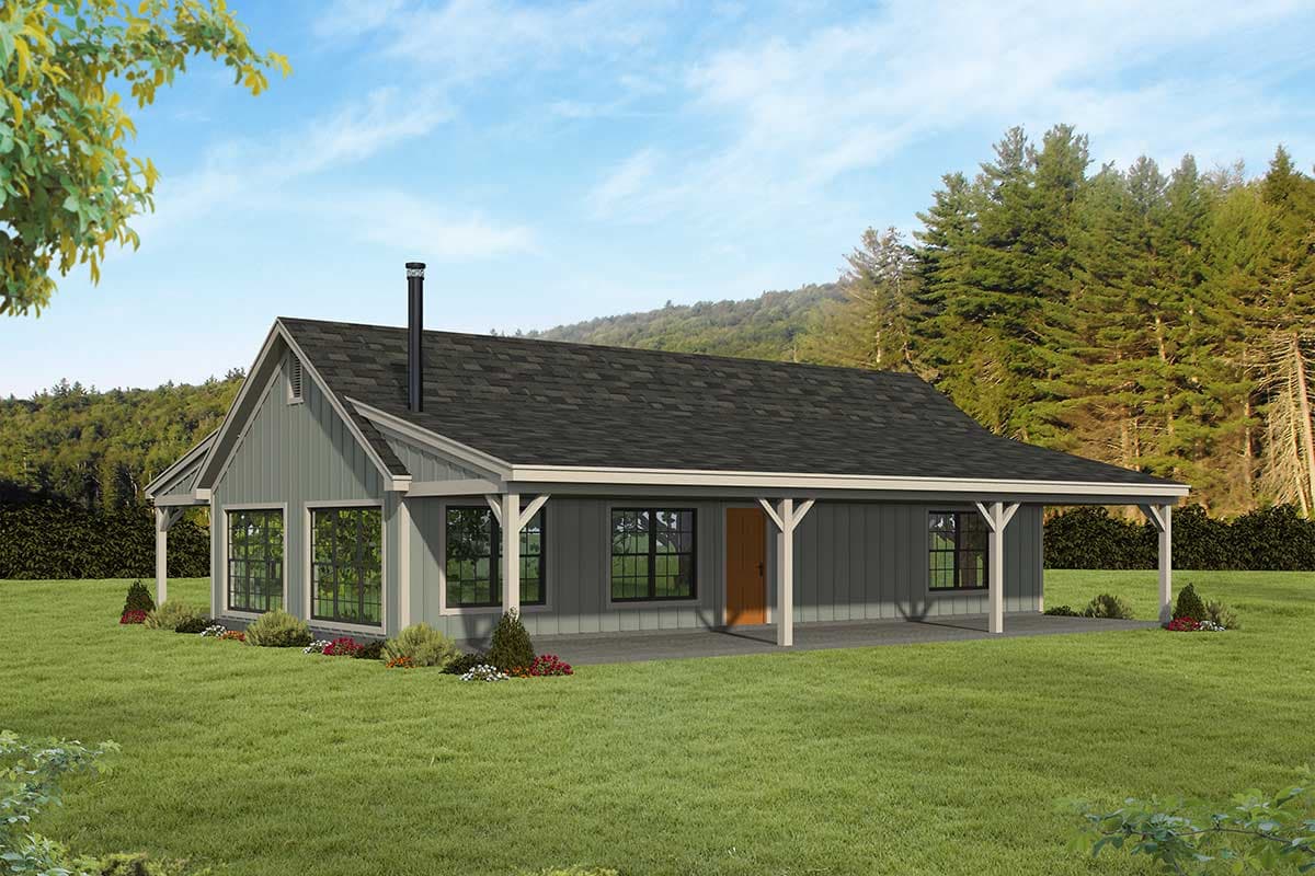 House plan exterior. One-story Ranch style home with a gable roof, covered porch, and exposed rafter tails.