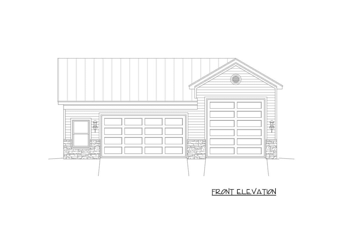 Front elevation drawing of a house plan with a two-car garage, single-car garage, and stone accents.