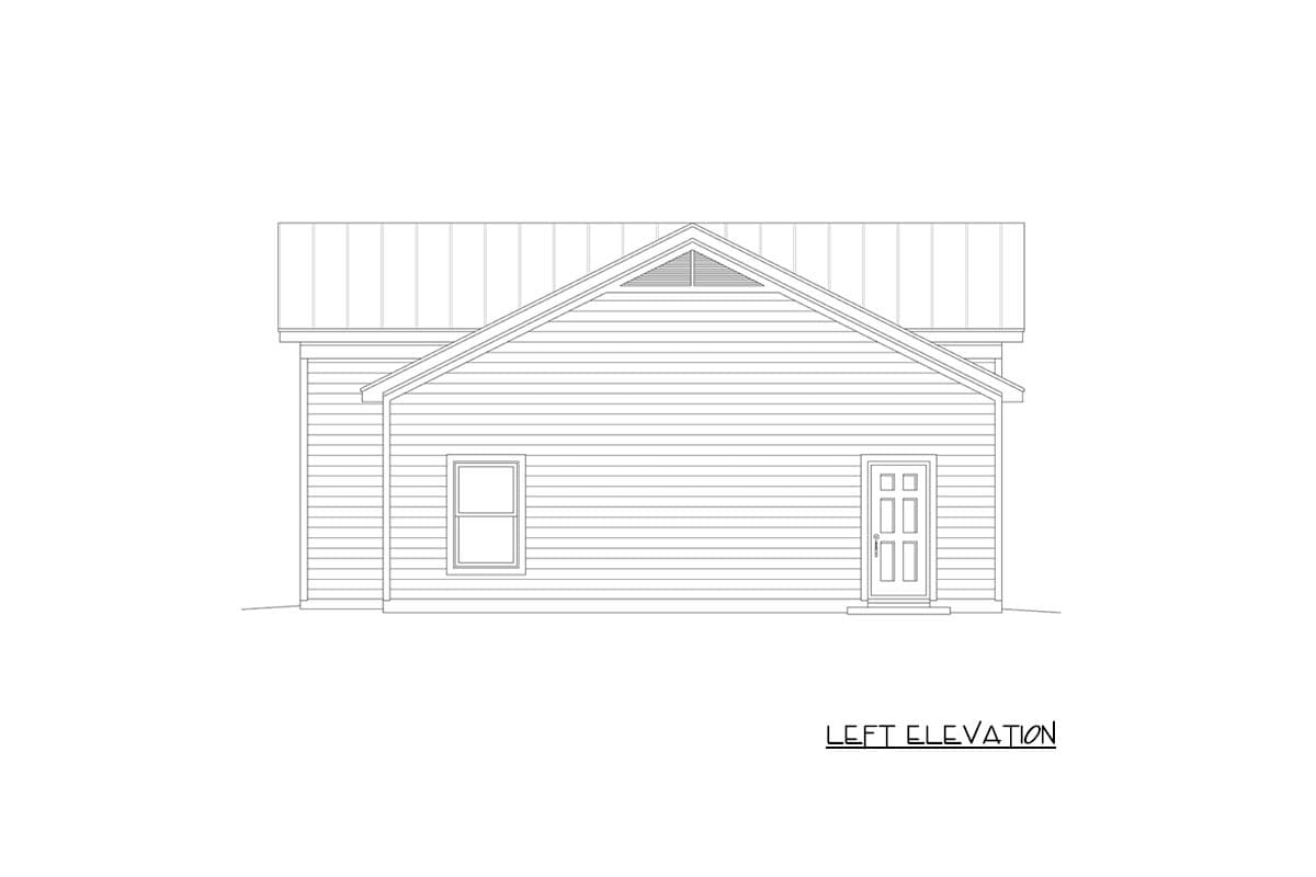 Left elevation drawing shows a house with horizontal siding, gable roof, one window, and a double door.