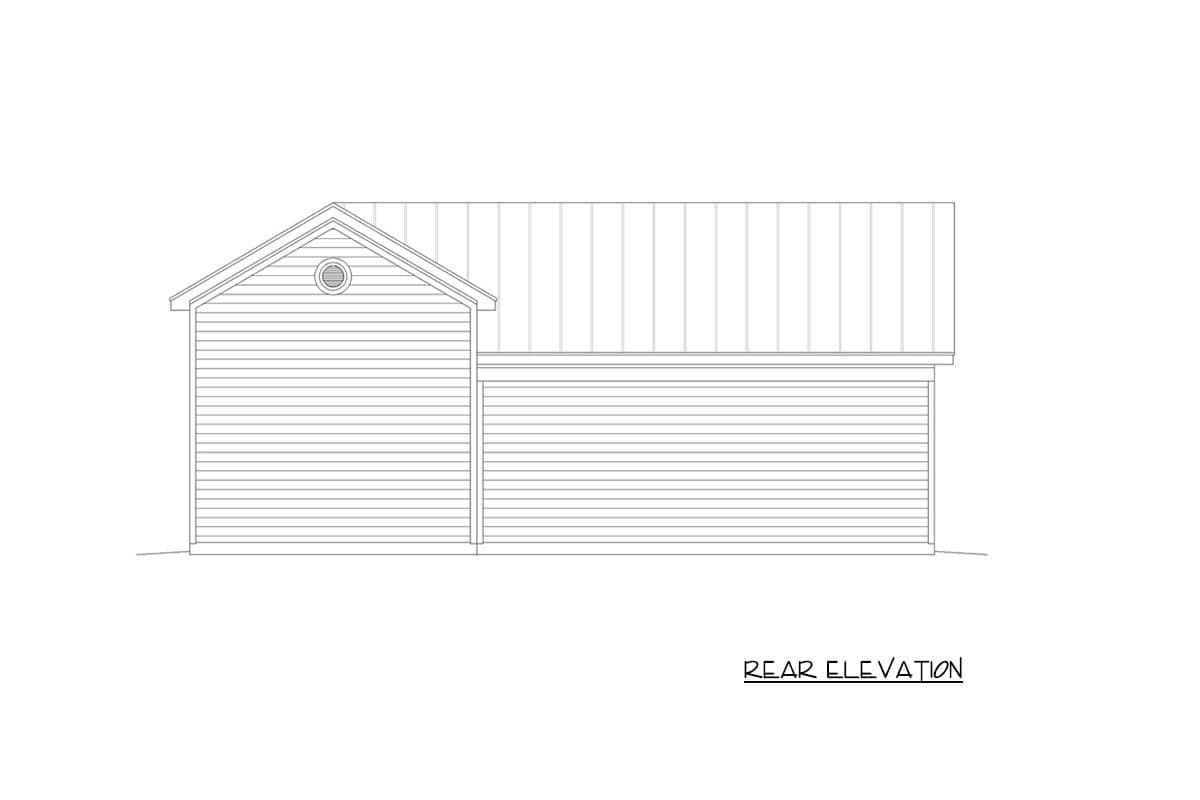Rear elevation drawing of a house with horizontal siding and a gabled roof featuring a round vent.