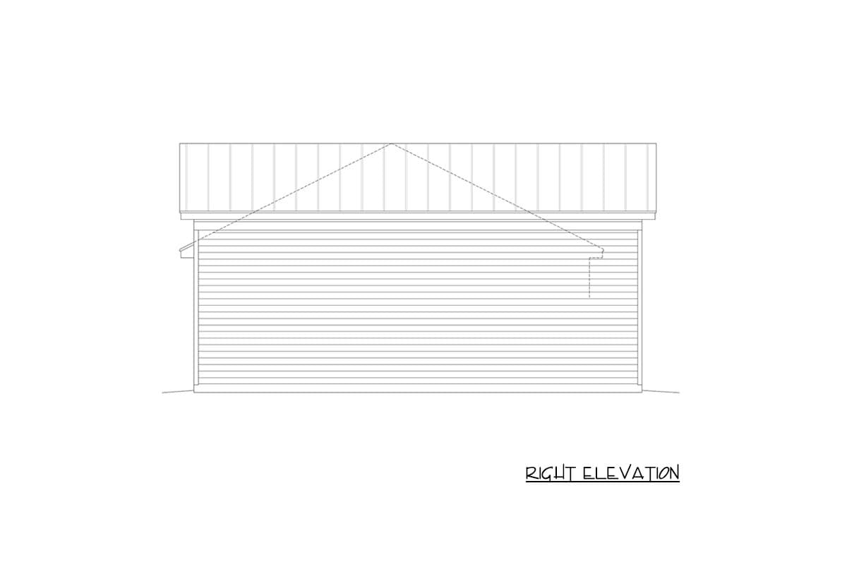 Right elevation drawing of a house plan featuring horizontal siding and a gabled roof.