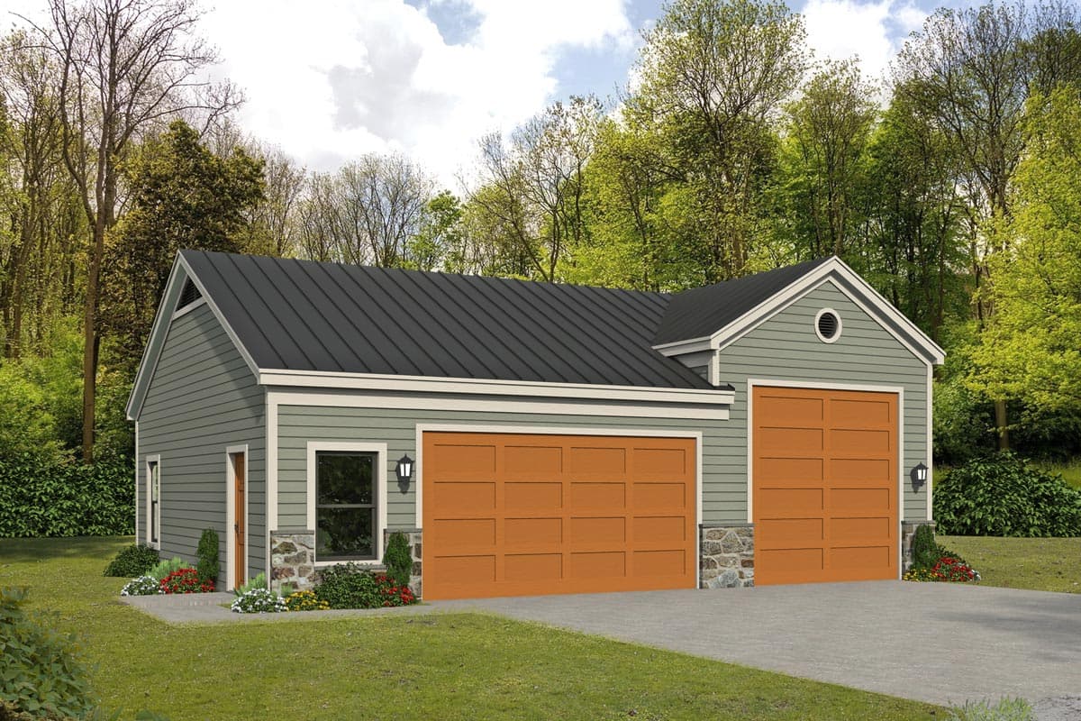 House plan exterior. Two-car garage with dark metal roof, gabled rooflines, and stone accents. Features two garage doors and a side door.